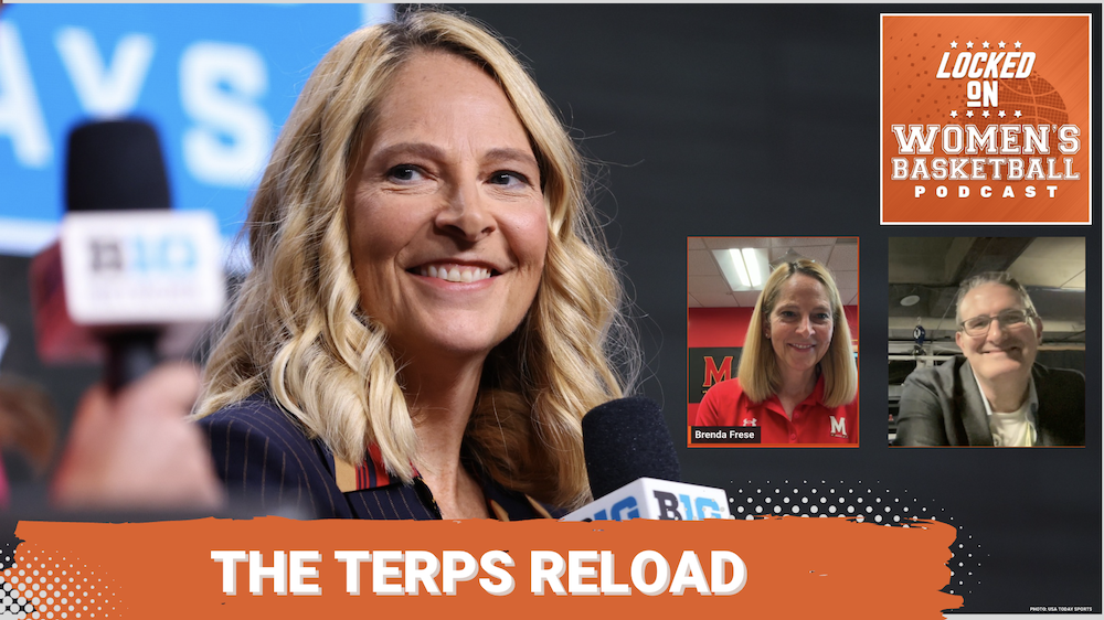 Podcast promotion graphic with a photo of Maryland coach Brenda Freese sitting at a table in front of a microphone. Text overlay reads "The Terps Reload."